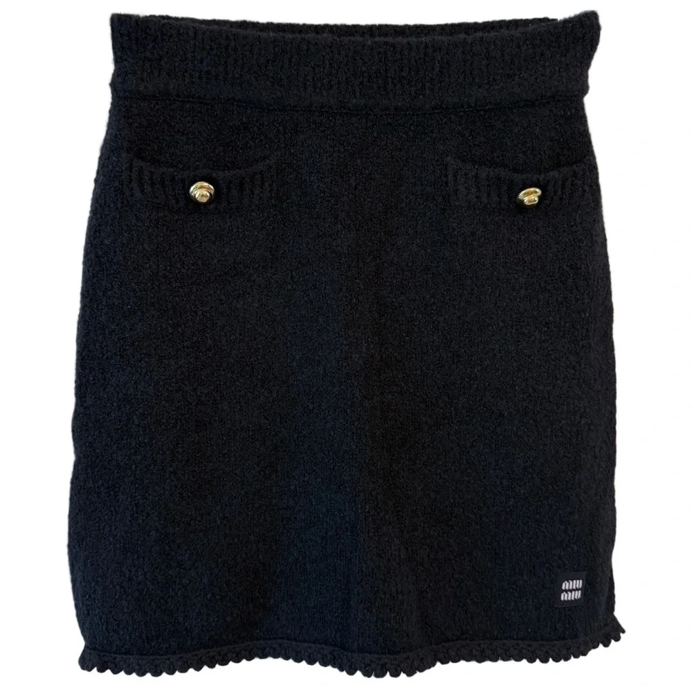 Miu Miu Bouclé Wool Mini Skirt Black Stretch Made in Italy IT 36 XS - Picture 16 of 17